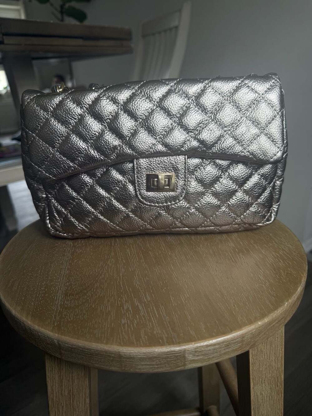 Louella Quilted Leather Flap Bag Metallic Silver Convertible Crossbody